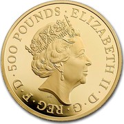 UK 500 Pounds Year of the Rooster 2017 ELIZABETH II D G REG F D 500 POUNDS J.C coin obverse UK 500 Pounds Year of the Rooster 2017 ELIZABETH II D G REG F D 500 POUNDS J.C coin obverse