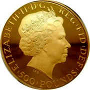 UK 500 Pounds Year of the Sheep 2015 Proof KM# 1361 ELIZABETH II D G REG FID DEF 500 POUNDS IRB coin obverse UK 500 Pounds Year of the Sheep 2015 Proof KM# 1361 ELIZABETH II D G REG FID DEF 500 POUNDS IRB coin obverse