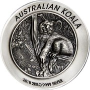Australia 60 Dollars Australian Koala 2018 P Antique High Relief AUSTRALIAN KOALA 2018 2 KILO 9999 SILVER P coin reverse Australia 60 Dollars Australian Koala 2018 P Antique High Relief AUSTRALIAN KOALA 2018 2 KILO 9999 SILVER P coin reverse