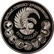 New Zealand Five Dollars 25th Anniversary of Decimal Currency 1992 KM# 82 DECIMAL CURRENCY∙25TH ANNIVERSARY FIVE DOLLARS coin reverse New Zealand Five Dollars 25th Anniversary of Decimal Currency 1992 KM# 82 DECIMAL CURRENCY∙25TH ANNIVERSARY FIVE DOLLARS coin reverse