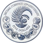New Zealand Five Dollars 25th Anniversary of Decimal Currency 1992 KM# 82a DECIMAL CURRENCY∙25TH ANNIVERSARY FIVE DOLLARS coin reverse New Zealand Five Dollars 25th Anniversary of Decimal Currency 1992 KM# 82a DECIMAL CURRENCY∙25TH ANNIVERSARY FIVE DOLLARS coin reverse