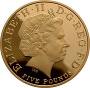 UK Five Pounds The 450th anniversary of the accession of Elizabeth I ND (2008) Proof KM# 1104b ELIZABETH∙II D∙G REG∙F∙D IRB FIVE POUNDS coin obverse