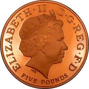 UK Five Pounds The 60th Birthday of The Prince of Wales ND (2008) Proof KM# 1103b ELIZABETH∙II D∙G REG∙F∙D IRB FIVE POUNDS coin obverse