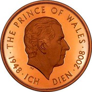 UK Five Pounds The 60th Birthday of The Prince of Wales ND (2008) Proof KM# 1103b ∙THE PRINCE OF WALES∙ IRB 1948∙ICH DIEN∙2008 coin reverse