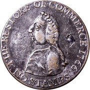USA Halfpenny 1766 KM# Tn24a William Pitt tokens THE RESTORE OF ∙ COMMERCE NO STAMPS coin obverse USA Halfpenny 1766 KM# Tn24a William Pitt tokens THE RESTORE OF ∙ COMMERCE NO STAMPS coin obverse