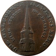 UK Halfpenny (Somerset - Bristol / Hawkins Bird) ONE HALFPENNY HAWKINS BIRD. WINE STREET NO2 BRISTOL. coin obverse UK Halfpenny (Somerset - Bristol / Hawkins Bird) ONE HALFPENNY HAWKINS BIRD. WINE STREET NO2 BRISTOL. coin obverse