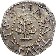 USA III Pence Pine Tree 1652 KM# 11 MASATHVSETS coin obverse USA III Pence Pine Tree 1652 KM# 11 MASATHVSETS coin obverse