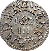 USA III Pence Pine Tree 1652 KM# 11 NEW ENGLAND III coin reverse USA III Pence Pine Tree 1652 KM# 11 NEW ENGLAND III coin reverse