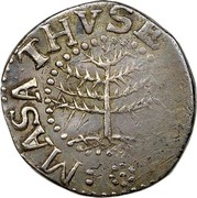 USA VI Pence 1652 KM# 13 Pine Tree MASATHVSETS IN coin obverse USA VI Pence 1652 KM# 13 Pine Tree MASATHVSETS IN coin obverse