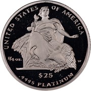 USA $25 American Eagle 2004 W Proof KM# 365 UNITED STATES OF AMERICA 1/4 OZ. .9995 PLATINUM $25 coin reverse USA $25 American Eagle 2004 W Proof KM# 365 UNITED STATES OF AMERICA 1/4 OZ. .9995 PLATINUM $25 coin reverse