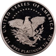 USA $25 American Eagle 2005 W Proof KM# 378 UNITED STATES OF AMERICA $25 .9995 PLATINUM 1/4 OZ. W coin reverse USA $25 American Eagle 2005 W Proof KM# 378 UNITED STATES OF AMERICA $25 .9995 PLATINUM 1/4 OZ. W coin reverse