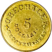 USA 5 Dollars 1834 KM# 96.1 Christopher Bechtler (North Carolina) * C. BECHTLER. AT RUTHERFORD. 5 DOLLARS ∙ coin obverse USA 5 Dollars 1834 KM# 96.1 Christopher Bechtler (North Carolina) * C. BECHTLER. AT RUTHERFORD. 5 DOLLARS ∙ coin obverse
