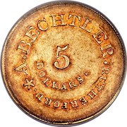 USA 5 Dollars (1842-52) KM# 84 August Bechtler A. BECHTLER. RUTHERFORD * 5 DOLLARS coin obverse USA 5 Dollars (1842-52) KM# 84 August Bechtler A. BECHTLER. RUTHERFORD * 5 DOLLARS coin obverse