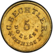 USA 5 Dollars C. Bechtler 18XX KM# 77 C. BECHTLER. AT RUTHERF 5 DOLLARS coin obverse USA 5 Dollars C. Bechtler 18XX KM# 77 C. BECHTLER. AT RUTHERF 5 DOLLARS coin obverse
