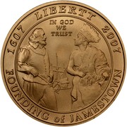 USA $5 Jamestown 400th Anniversary 2007 W KM# 406 1607 LIBERTY 2007 FOUNDING OF JAMESTOWN IN GOD WE TRUST coin obverse USA $5 Jamestown 400th Anniversary 2007 W KM# 406 1607 LIBERTY 2007 FOUNDING OF JAMESTOWN IN GOD WE TRUST coin obverse