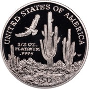 USA $50 American Eagle 2001 W Proof KM# 329 UNITED STATES OF AMERICA 1/2 OZ. PLATINUM .9995 $50 W coin reverse USA $50 American Eagle 2001 W Proof KM# 329 UNITED STATES OF AMERICA 1/2 OZ. PLATINUM .9995 $50 W coin reverse