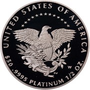 USA $50 American Eagle 2005 W Proof KM# 379 UNITED STATES OF AMERICA $50 .9995 PLATINUM 1/2 OZ. coin reverse USA $50 American Eagle 2005 W Proof KM# 379 UNITED STATES OF AMERICA $50 .9995 PLATINUM 1/2 OZ. coin reverse