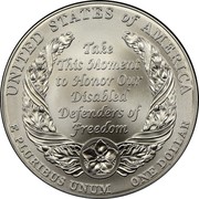 USA Dollar American Veterans Disabled for Life 2010 W KM# 479 UNITED STATES OF AMERICA E PLURIBUS UNUM ONE DOLLAR TAKE THIS MOMENT TO HONOR OUR DISABLED DEFENDERS OF FREEDOM coin reverse USA Dollar American Veterans Disabled for Life 2010 W KM# 479 UNITED STATES OF AMERICA E PLURIBUS UNUM ONE DOLLAR TAKE THIS MOMENT TO HONOR OUR DISABLED DEFENDERS OF FREEDOM coin reverse