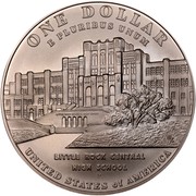 USA Dollar Central High school Desegregation 2007 P KM# 418 ONE DOLLAR UNITED STATES OF AMERICA E PLURIBUS UNUM LITTLE ROCK CENTRAL HIGH SCHOOL P coin reverse USA Dollar Central High school Desegregation 2007 P KM# 418 ONE DOLLAR UNITED STATES OF AMERICA E PLURIBUS UNUM LITTLE ROCK CENTRAL HIGH SCHOOL P coin reverse