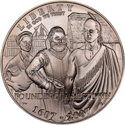 USA Dollar Jamestown 400th Anniversary 2007 P KM# 405 LIBERTY IN GOD WE TRUST FOUNDING JAMESTOWN 1607-2007 coin obverse USA Dollar Jamestown 400th Anniversary 2007 P KM# 405 LIBERTY IN GOD WE TRUST FOUNDING JAMESTOWN 1607-2007 coin obverse