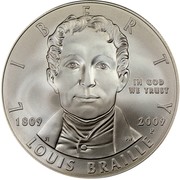 USA Dollar Louis Braille Birth Bicentennial 2009 P KM# 455 LIBERTY LOUIS BRAILLE IN GOD WE TRUST 1809 2009 P coin obverse USA Dollar Louis Braille Birth Bicentennial 2009 P KM# 455 LIBERTY LOUIS BRAILLE IN GOD WE TRUST 1809 2009 P coin obverse