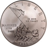 USA Dollar U.S. Marine Corps 230th Anniversary 2005 P KM# 376 LIBERTY MARINES 1775 2005 IN GOD WE TRUST 2005 coin obverse USA Dollar U.S. Marine Corps 230th Anniversary 2005 P KM# 376 LIBERTY MARINES 1775 2005 IN GOD WE TRUST 2005 coin obverse