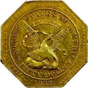 USA Fifty Dolls. United States Assay Office of Gold 1852 KM# 54 UNITED STATES OF AMERICA FIFTY DOLLS. 887 THOUS LIBERTY coin obverse USA Fifty Dolls. United States Assay Office of Gold 1852 KM# 54 UNITED STATES OF AMERICA FIFTY DOLLS. 887 THOUS LIBERTY coin obverse