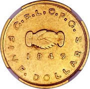 USA Five. Dollars 1849 KM# 103 Mormon Issues G. S. L. C. P. C. FIVE. DOLLARS coin reverse USA Five. Dollars 1849 KM# 103 Mormon Issues G. S. L. C. P. C. FIVE. DOLLARS coin reverse