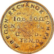 USA Ten D. Oregon Exchange Company 1849 KM# 101 OREGON EXCHANGE COMPANY. 10 D. 20 G. NATIVE GOLD TEN D. coin reverse