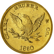 USA Twenty D. Clark, Gruber and Co Pikes Peak 1860 KM# 69 PIKES PEAK GOLD DENVER TWENTY D. coin reverse USA Twenty D. Clark, Gruber and Co Pikes Peak 1860 KM# 69 PIKES PEAK GOLD DENVER TWENTY D. coin reverse