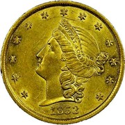 USA Twenty D. Liberty Double Eagle 1853 KM# 40 MOFFAT & CO coin obverse USA Twenty D. Liberty Double Eagle 1853 KM# 40 MOFFAT & CO coin obverse