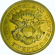 USA Twenty D. Liberty Double Eagle 1861 KM# 70 CLARK GRUBER & CO DENVER TWENTY D. coin reverse USA Twenty D. Liberty Double Eagle 1861 KM# 70 CLARK GRUBER & CO DENVER TWENTY D. coin reverse
