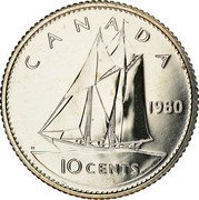 Canada 10 Cents Elizabeth II 2nd portrait 1980 Prooflike KM# 77.2 CANADA H 10 CENTS coin reverse Canada 10 Cents Elizabeth II 2nd portrait 1980 Prooflike KM# 77.2 CANADA H 10 CENTS coin reverse
