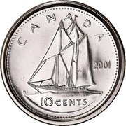 Canada 10 Cents Elizabeth II 3rd portrait 2001 P KM# 183b CANADA 10 CENTS H coin reverse Canada 10 Cents Elizabeth II 3rd portrait 2001 P KM# 183b CANADA 10 CENTS H coin reverse