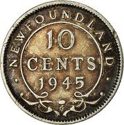 Canada 10 Cents George VI 1945 C KM# 20a NEWFOUNDLAND 10 CENTS *YEAR* C coin reverse Canada 10 Cents George VI 1945 C KM# 20a NEWFOUNDLAND 10 CENTS *YEAR* C coin reverse