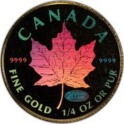 Canada 10 Dollars Maple Leaf Hologram 1999 KM# 367 9999 CANADA FINE GOLD 1/4 OZ OR PUR 9999 coin reverse