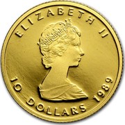 Canada 10 Dollars Maple Leaf 1989 KM# 136 ELIZABETH II 10 DOLLARS DATE coin obverse Canada 10 Dollars Maple Leaf 1989 KM# 136 ELIZABETH II 10 DOLLARS DATE coin obverse