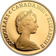 Canada 100 Dollars Adoption of O Canada as national anthem 1981 Proof KM# 131 100 DOLLARS CANADA 1981 ELIZABETH II coin obverse Canada 100 Dollars Adoption of O Canada as national anthem 1981 Proof KM# 131 100 DOLLARS CANADA 1981 ELIZABETH II coin obverse