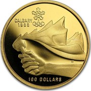 Canada 100 Dollars XV Olympic Winter Games 1987 Proof, letter edge KM# 158 CALGARY 1988 100 DOLLARS coin reverse Canada 100 Dollars XV Olympic Winter Games 1987 Proof, letter edge KM# 158 CALGARY 1988 100 DOLLARS coin reverse