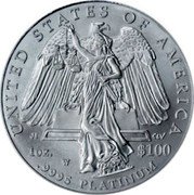USA $100 Lady Justice 2008 W Burnished KM# 437 UNITED STATES OF AMERICA 1OZ. .9995 PLATINUM $100 coin reverse
