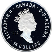 Canada 15 Dollars Spirit of the Generations 1992 Proof KM# 215 ELIZABETH II ∙ CANADA ∙ D∙G∙REGINA ∙ 15 DOLLARS coin obverse Canada 15 Dollars Spirit of the Generations 1992 Proof KM# 215 ELIZABETH II ∙ CANADA ∙ D∙G∙REGINA ∙ 15 DOLLARS coin obverse