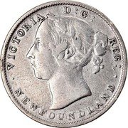 Canada 20 Cents Victoria 1900 KM# 4 VICTORIA D : G : REG: ∙NEWFOUNDLAND coin obverse Canada 20 Cents Victoria 1900 KM# 4 VICTORIA D : G : REG: ∙NEWFOUNDLAND coin obverse