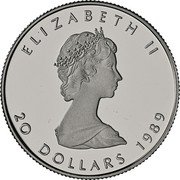 Canada 20 Dollars Elizabeth II 2nd Portrait 1989 KM# 166 ELIZABETH II 20 DOLLARS 1989 coin obverse Canada 20 Dollars Elizabeth II 2nd Portrait 1989 KM# 166 ELIZABETH II 20 DOLLARS 1989 coin obverse