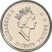 Canada 25 Cents August 1999 KM# 349 25 CENTS ELIZABETH II D ∙ G ∙ REGINA coin obverse