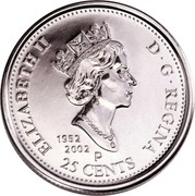 Canada 25 Cents Canada Day Coloured Coin 2002 P KM# 451a ELIZABETH II - D ∙ G ∙ REGINA 25 CENTS 1952-2002 P coin obverse Canada 25 Cents Canada Day Coloured Coin 2002 P KM# 451a ELIZABETH II - D ∙ G ∙ REGINA 25 CENTS 1952-2002 P coin obverse