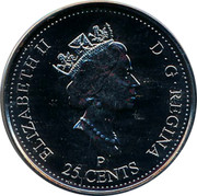 Canada 25 Cents Canada Day; Colourized 2001 Prooflike KM# 419 ELIZABETH II D∙G∙REGINA 25 CENTS coin obverse Canada 25 Cents Canada Day; Colourized 2001 Prooflike KM# 419 ELIZABETH II D∙G∙REGINA 25 CENTS coin obverse