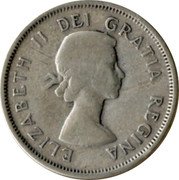 Canada 25 Cents Elizabeth II (1st portrait) 1958 KM# 52 ELIZABETH II DEI GRATIA REGINA coin obverse Canada 25 Cents Elizabeth II (1st portrait) 1958 KM# 52 ELIZABETH II DEI GRATIA REGINA coin obverse