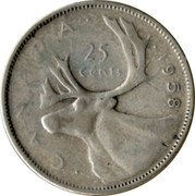 Canada 25 Cents Elizabeth II (1st portrait) 1958 KM# 52 CANADA 25 CENTS coin reverse Canada 25 Cents Elizabeth II (1st portrait) 1958 KM# 52 CANADA 25 CENTS coin reverse