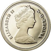 Canada 25 Cents Elizabeth II 2nd portrait 1985 Proof KM# 74 ELIZABETH II D G REGINA coin obverse Canada 25 Cents Elizabeth II 2nd portrait 1985 Proof KM# 74 ELIZABETH II D G REGINA coin obverse