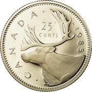 Canada 25 Cents Elizabeth II 2nd portrait 1985 Proof KM# 74 CANADA 25 CENTS coin reverse Canada 25 Cents Elizabeth II 2nd portrait 1985 Proof KM# 74 CANADA 25 CENTS coin reverse